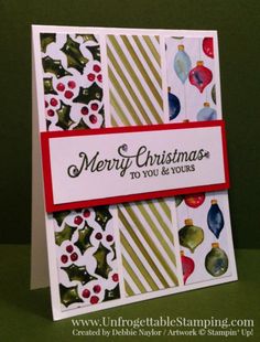 a christmas card with lots of ornaments on it