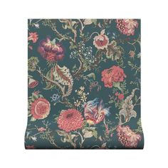 a blue floral wallpaper with red and pink flowers on the bottom half of it