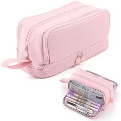 MAMUNU Large Capacity Pencil Case 4 Compartments, Pencil Case with Zipper Portable Handle, Aesthetic Pencil Case Stationery Organizer for Office College School Teen Men Women (Pink) 【Large Capacity Pencil Case】: Upgraded size 22cm*9.5cm*10cm(L*W*H) with large capacity storage, It can store up to 100+ colored pens or pencils. Perfect for students who need to carry a variety of stationery accessories such as pens, pencil sharpener, calculator, rubber, sticker, ruler, etc. 【4 Compartments Pencil Ca Pencil Case Pink, School Pouch, High Desk, Large Pencil Case, Stationery Organizer, Cute Pencil Case, Pink Office, Gift Holders, Pen Accessories