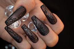 Sheer black medium length coffin press on nails with hand painted leaf detail.  All of our press-on nails are made with Gel-X nails, gel polish and/or acrylic unless otherwise stated. .  *Colors are able to be customized on any of our nail sets.*  Each set of nails is meticulously hand painted and my heart gets put into each set I make. I strive to create a gorgeous set of nails that you will love! When applied correctly our nails are able to last 2-3 weeks. They can also be reused when removed Black Masquerade Nails, Black Sheer Nail Designs, Sheer Black Nails Design, Black Sheer Nails, Clear Black Nails, Transparent Black Nails, Black Wedding Nails For Bride, Black Bridal Nails, Sheer Black Nails