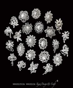 an assortment of silver brooches and pearls on a black background with the words whimsical wishes written below it