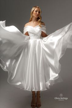 Silky organza tea length classic vintage timeless summer reception wedding dress with pockets