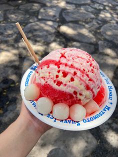 a hand holding a paper plate filled with ice cream