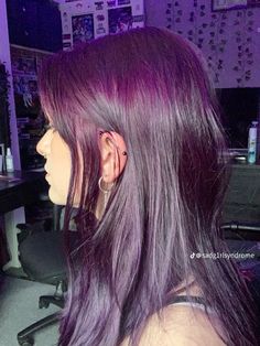 Arctic Fox Purple Af On Brown Hair, Very Dark Purple Hair, Unique Hair Dye Patterns, Purple Goth Hair, Purple On Brown Hair, Grape Purple Hair, Putple Hair, Purple Hair Dark, Purple Hair Aesthetic