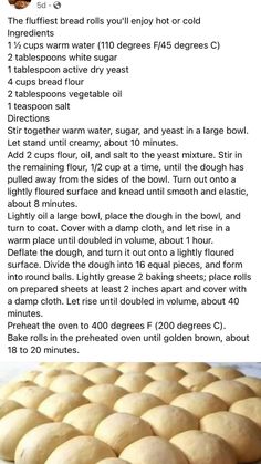 the recipe for bread rolls is shown in an image with instructions to make it and how to bake them