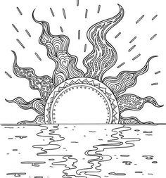 a drawing of the sun rising over water