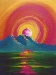 an acrylic painting of a sunset with mountains in the background and water below