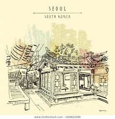 an ink drawing of seoul south korea with traditional architecture stock photo and royalty freehand