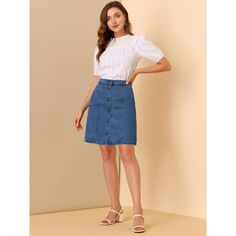 Make an elegant style statement with the Allegra K denim short skirt. Complete your look for sunny days in the park with a pair of sandals to be casual and comfy. It is a good choice to match with a light color T-shirt or blouse, which is full of college style and shows personal charm. Occasion: Coffee Shop, Weekend Gathering, Hanging Out, Work, School, etc. The model is wearing an X-Small. Please check your measurements to make sure the item fits before ordering. Button Down Denim Skirt, Womens Denim Skirts, Jeans Skirt, College Style, Denim Maxi Skirt, Denim Skirts, Denim Midi Skirt, Denim Short, Women's Skirts