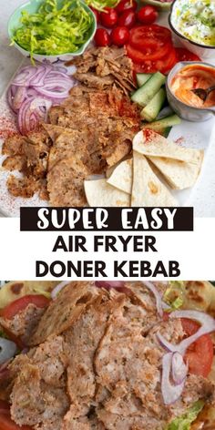 an image of food that is being served on the table with words super easy air fryer done kebab