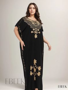 Ebeek - Premium Plus Size Kaftan Dress - Womens Exquisite Floral Print Maxi Kaftan Dress with Bat Sleeves and Round Neckline Summer Maxi Dress With Dabka Detail, Summer Maxi Length Dress With Dabka Detailing, Summer Maxi Dress With Dabka Embroidery, Tunic Dress With Dabka For Eid, Dabka Tunic Dress For Eid, Eid Tunic Dress With Dabka Details, Festive Gold Tunic Dress, Elegant Short Sleeve Dresses For Eid, Bohemian Short Sleeve Eid Dresses