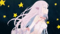 a girl with long white hair standing in front of stars