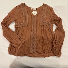 Nwt! Perfect Top For Fall! Love The Detailing! Brown V-neck Top For Brunch, Brown Spring Tops For Brunch, Brown V-neck Blouse For Brunch, Brown Long Sleeve Tops For Brunch, Bohemian Brown Tops For Layering, Bohemian Brown Top For Layering, Fall Love, Orange Blouse, Color Orange