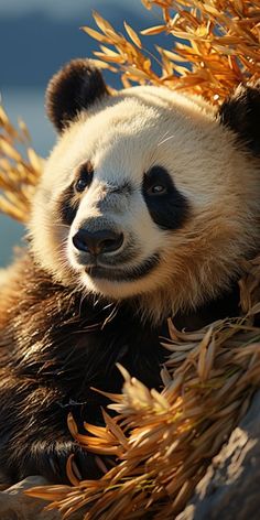 a panda bear sitting on top of a pile of dry grass