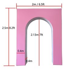 a pink arch is shown with measurements for the size and width in front of it