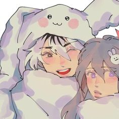 two anime characters are hugging each other with bunny ears on their heads and one is wearing a rabbit costume