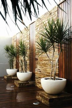 three white planters sitting on top of a wooden floor next to a brick wall