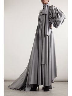 BALENCIAGA Asymmetric ruched stretch-satin maxi dress | NET-A-PORTER Silver Silk Dress, Silver Satin Dress, Ruched Waist Dress, Balenciaga Style, Balenciaga Clothing, Drape Maxi Dress, Designer Maxi Dress, Grey Maxi Dress, Maxi Jersey Dress