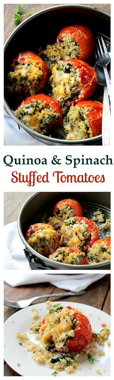 stuffed tomatoes with spinach and cheese in a skillet