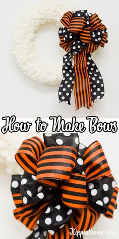 an orange and black polka dot hair bow with the words, how to make it