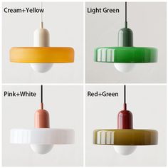 four different types of pendant lights hanging from hooks and cords, all in various colors