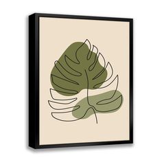 a framed wall art print with a green leaf on the bottom and beige back ground