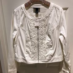 White Ruffle Jacket Casual White Outerwear With Ruffles, Chic Cotton Outerwear With Ruffles, White Ruffled Long Sleeve Outerwear, Cream Ruffled Winter Outerwear, Grey Quarter Zip, Black And White Jacket, Ruffle Jacket, Red Puffer, Yellow Blazer