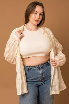 Introducing our elegant Oversized Plus Size Blouse, designed to add a touch of femininity and sophistication to your wardrobe in a beautiful cream color. Crafted from high-quality woven fabric made of 100% polyester, this blouse offers a lightweight and breathable feel, perfect for warm weather days. The sheer fabric adds an air of elegance and charm, while the oversized fit ensures comfort and versatility for plus-size figures. Featuring a delicate floral pattern, this blouse exudes timeless be Oversized Plus Size, Blouse Designed, Plus Size Blouse, Weather Day, Oversized Blouse, Sheer Fabric, Plus Size Blouses, Top Sales, Sheer Fabrics