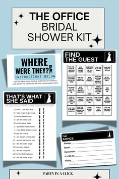 the office bridal shower kit is shown with its instructions and information for each guest