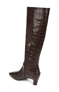 A slender square toe and demi block heel balance a rich leather boot shaped in a knee-high silhouette for timeless appeal. 2" heel (size 6) 15 3/4" shaft; 14" calf circumference. Regular calf 15 3/4" shaft; 16" calf circumference. Wide calf Side zip closure Leather upper/synthetic lining/rubber sole Imported Crocodile Boots, Black Knee High Boots, Croc Print, Black Knees, Leather Boot, Franco Sarto, Kitten Heel, Brown Boots, Embossed Leather