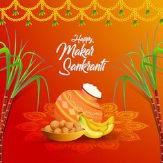 happy makar sanki greeting card with bananas and rice in bowl on red background