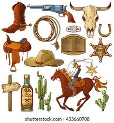 various cowboy related items are grouped together