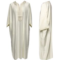 Original Moroccan Men Thobe Jubba Kandora Djellaba Gandouras. Extremely beautiful quality with a lovely soft feel and texture. Brand new, with original plastic wrap included. We are known to many for our extensive Moroccan clothing collection.   Extremely beautiful quality   Original Moroccan thobe   Embroidery  Colour: cream  Brand new, with original plastic wrap included.  material: cotton blend                                             SIZE 54   Size 54- Length is approx 54 inches long from Moroccan Men, Moroccan Clothing, Plastic Wrap, Wedding Outfit, Mens Jackets, Premium Quality, Bathing Beauties, Cotton Blend, Jackets & Coats