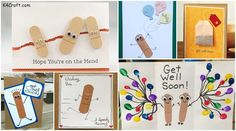 four pictures with different types of handmade items and words on them, including clothes pins