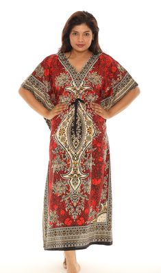 "Floral Medallion Print Elbow-Sleeve Drawstring V-Neck Caftan  Whether you're looking for an easy, effortless outfit or a statement piece to add to your wardrobe, a printed caftan is a perfect choice. It is designed to provide comfort and freedom of movement, making it ideal for hot weather or casual occasions. The loose, relaxed fit of the caftan flatters all body types and provides a comfortable and effortless look. It's relaxed silhouette and airy construction make it an ideal choice for warm Red Bohemian V-neck Kaftan, Patterned V-neck Kaftan For Beach Cover-up, Red V-neck Kaftan For Vacation, Red Floral Print V-neck Kaftan, Bohemian V-neck Kaftan For Holiday, Holiday V-neck Kaftan, Beach Dress Casual, Paisley Peacock, Printed Kaftan