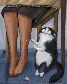 a black and white cat sitting under a table next to a person's legs