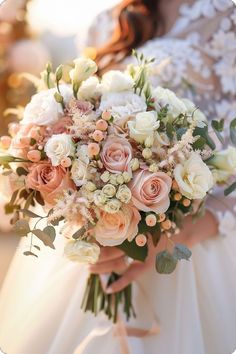 a bride holding a bouquet of pink and white flowers