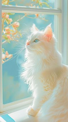 a white cat sitting on top of a window sill next to a flowered tree