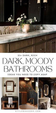 a bathroom with dark wood cabinets and white flowers on the counter top, along with text that reads 25 dark, rich, hardwood bathroom bathrooms ideas you need to copy asap