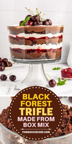 This Black Forest Trifle boasts layers of chocolate, cherries, and whipped cream. It’s a crazy-delicious recipe that always looks impressive, but is actually super easy! Brownie Cherry Trifle, Dark Chocolate Trifle, Black Forest Truffle Recipe, Black Forest Truffle, Black Forest Trifle Easy, Dessert Auction Recipes, Chocolate Cherry Trifle, Triffle Recipe, Black Forest Trifle Recipe