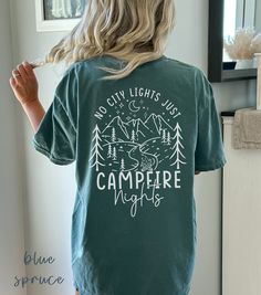 Looking for the perfect camping shirt to celebrate your love for the great outdoors? This camping t-shirt captures the essence of those cherished moments spent under the stars, surrounded by nature. Perfect for family camping trips or a camp-themed bachelorette party, this camper tee will quickly become your favorite.  👉 ABOUT No City Lights Just Camp Fire Nights Comfort Colors® 1717 Shirt - 100% Airlume combed and ringspun cotton - Soft cotton and quality print make users fall in love with it Camp T Shirts Design Ideas, Camping Shirt Ideas, Camp Tshirt Designs, Camp Logo, Themed Bachelorette, Decal Ideas, Camping Tee, Screen Printed Tshirts, Family Camping Trip