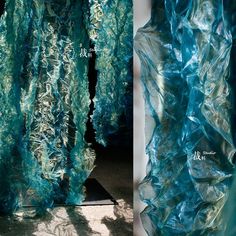 two pictures of blue and green sheer curtains hanging from the side of a building with sunlight streaming through them