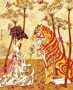 a painting of a woman and a tiger