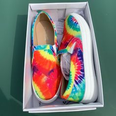 Comes From A Smoke Free Home Nwt In Good Condition Comes In Original Box Tie-Dye Slip On Open To Offers On All Of My Items! Colorful Fun Sneakers For Summer, Fun Multicolor Slip-on Sneakers, Multicolor Slip-on Platform Sneakers, Fun Yellow Slip-on Sneakers, Multicolor Low-top Canvas Shoes For Summer, Fun Multicolor Low-top Canvas Shoes, Trendy Multicolor Canvas Shoes With Rubber Sole, Trendy Slip-on Platform Canvas Shoes, Multicolor Slip-on Canvas Shoes For Summer