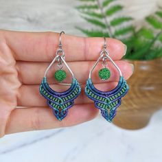 Bohemian Macrame Beaded Earrings For Festivals, Bohemian Green Macrame Earrings, Green Bohemian Macrame Earrings, Bohemian Green Earrings For Beach, Green Bohemian Earrings For Beach, Green Bohemian Earrings For The Beach, Festival Adjustable Macrame Beaded Earrings, Adjustable Macrame Beaded Earrings For Festival, Handmade Hippie Earrings For Beach