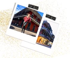 two photos of a woman standing in front of a red building with gold sprinkles