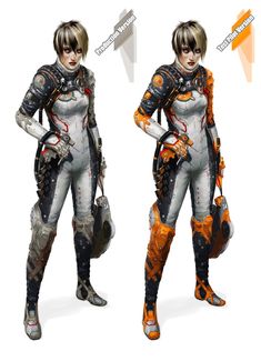 two different views of a female character from overwatch, one in white and the other in orange