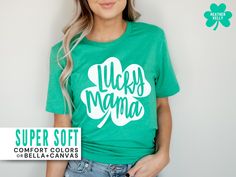 This St. Patrick's Day Mama Shirt is the perfect gift for a lucky mama to celebrate St. Patty's Day. Our Bella+Canvas tees have that light and vintage feel. ♥ Our Comfort Colors tees and long sleeves are garment-dyed for that trendy distressed look. ♥ 》 》HOW TO ORDER 《 《 * Select product, size + color from the drop down menus * Add to cart + place order ♥ * Your shirt is now in production & will be ready to ship in 1-3 days! 》 》SIZING 《 《 All four products are unisex, men's cut tops. The Bella C Mother's Day Green Short Sleeve T-shirt, Mother's Day Green T-shirt With Letter Print, Green T-shirt With Letter Print For Mother's Day, Green Short Sleeve T-shirt For Mother's Day, Green Family Matching Tops For Gift, Green Short Sleeve Tops For Mother's Day, Cut Top, Clover Green, Mens Cuts