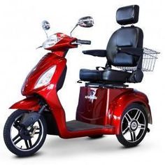 a red scooter with a basket on the back and front wheel, parked against a white background