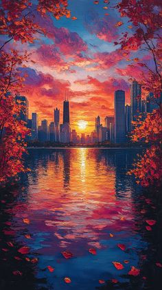 Chicago Skyline at Sunrise: Vibrant Oil Painting Reflection of Lake Michigan Sunrise Paintings, Painting Reflection, Fantastic Wallpapers, Sunrise Painting, Anime City, The Awakening, Crisp Autumn, Autumn Morning